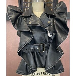 Black Ruffled Faux Leather Vest